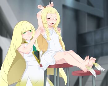 2girls :d arms_up barefoot blonde_hair blurry blurry_background bound bound_wrists braid closed_eyes collared_dress commentary commission diamond_(shape) dress eyelashes feathers feet gem green_eyes green_gemstone grin highres lillie_(pokemon) long_hair lower_teeth_only lusamine_(pokemon) mother_and_daughter multiple_girls nintendo open_mouth orcaleon pokemon pokemon_sm sitting sleeveless sleeveless_dress smile stool teeth tickling tickling_armpits tickling_feet toes tongue twin_braids white_dress