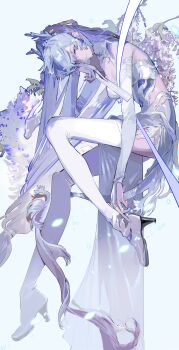 1girl absurdres antlers blue_hair boots bridal_gauntlets copyright_request dress folding_fan full_body hand_fan high_collar highres horns leaning_forward long_hair long_sleeves looking_at_viewer simple_background single_bridal_gauntlet smile solardark09 tail thigh_boots very_long_hair white_background white_boots white_dress