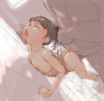 1boy 1girl against_wall age_difference arched_back ass black_hair censored closed_eyes clothed_female_nude_male cum cumdrip doggystyle flat_chest hetero highres loli mosaic_censoring nipples np_(slipbounds) nude open_mouth panties panty_pull penis saliva sex sex_from_behind solo_focus standing tongue tongue_out twintails underwear