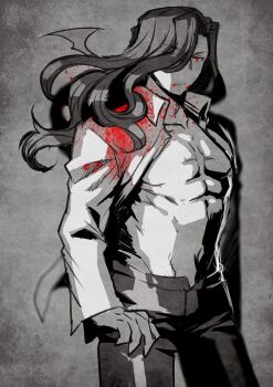 1boy abs angry black_pants black_shirt blood blood_on_clothes blood_on_face collared_shirt commentary_request fingernails hair_over_one_eye haneten_kagatsu long_hair looking_at_viewer male_focus michael_roa_valdamjong monochrome open_clothes open_fly open_shirt pants pectorals red_eyes sharp_fingernails shirt solo standing tsukihime vampire wavy_hair