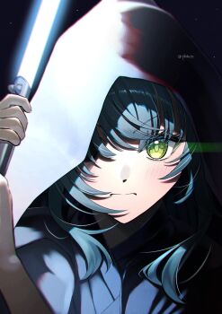 1girl absurdres alternate_costume artist_name blue_cape blue_kimono blue_lightsaber cape close-up energy_sword furrowed_brow gakuen_idolmaster green_eyes hands_up hashtag-only_commentary highres holding holding_sword holding_weapon idolmaster japanese_clothes jedi kimono lens_flare lightsaber looking_at_viewer portrait reyokuchii shadow short_hair simple_background sky solo star_(sky) star_wars sword tsukimura_temari tsurime weapon