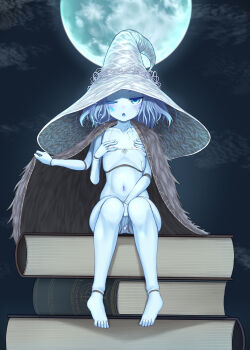 1girl :o absurdres barefoot bikini blue_eyes blue_moon blue_skin blush book book_stack cape colored_skin commentary_request doll_joints elden_ring extra_arms full_body full_moon fur_cape grey_cape harunoha hat highres joints looking_at_viewer micro_bikini mini_person miniature_ranni minigirl moon navel one_eye_closed open_mouth ranni_the_witch short_hair solo swimsuit textless_version white_bikini white_hat witch_hat