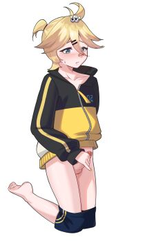 1boy absurdres bandaid bandaid_on_face bandaid_on_nose blonde_hair blue_eyes blush clothes_pull erection hair_between_eyes highres kagamine_len kneeling male_focus male_masturbation masturbation penis precum pyruvate shorts shorts_pull shota solo sweatdrop testicles uncensored vocaloid white_background