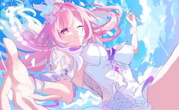 1girl ;) blue_sky breasts cloud commentary_request cyrene_(honkai:_star_rail) cyrene_(ripples_of_past_reverie)_(honkai:_star_rail) diamond-shaped_pupils diamond_(shape) dress flower hair_flower hair_ornament highres honkai:_star_rail honkai_(series) koyuki_kon9 large_breasts long_hair looking_at_viewer on_swing one_eye_closed pink_hair purple_eyes sky smile solo swing symbol-shaped_pupils very_long_hair white_dress