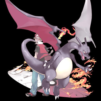 1boy absurdres alternate_color black_background blue_pants brown_hair charizard claws fire flame-tipped_tail full_body gen_1_pokemon hat highres hiro_(user_negm3832) jacket looking_back male_focus nintendo open_mouth pants pokemon pokemon_(creature) pokemon_frlg red_(pokemon) red_eyes red_hat red_jacket shiny_pokemon shoes simple_background tail