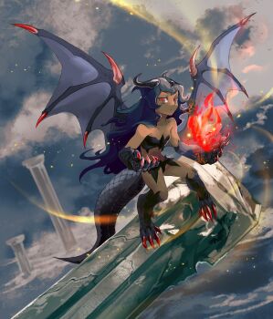 1girl absurdres black_hair black_scales chinchira claws commentary commission commissioner_upload demon_girl demon_horns demon_wings english_commentary fireball flying highres horns long_hair messy_hair organic_bra original petite red_eyes red_nails refia_(stryker324) skeb_commission snake_tail solo stone_pillar tail tan wings