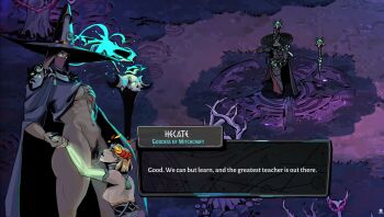 2girls absurdres after_cunnilingus black_sclera bone breasts cloak colored_sclera colored_skin commentary covered_mouth dialogue_box english_commentary english_text excessive_pubic_hair fake_screenshot female_pubic_hair fingernails gameplay_mechanics glowing glowing_arm glowing_eyes grabbing_own_breast green_eyes green_lips grey_hair grey_skin hades_(series) hades_2 hat hecate_(hades) height_difference highres holding_hands laurel_crown lipstick looking_at_another looking_up makeup medium_breasts melinoe_(hades) multiple_girls naked_cloak navel nipples nose official_style pubic_hair pussy_juice pussy_juice_trail red_eyes sharp_fingernails short_hair skeletal_arm small_breasts sopp staff see-through_body uncensored underboob veil witch_hat yuri