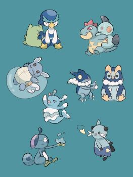 &gt;_&lt; :d arms_up black_eyes blue_background bright_pupils brionne bubble carrying claws closed_eyes closed_mouth croconaw dewott drizzile fangs fangs_out frogadier frown gen_1_pokemon gen_2_pokemon gen_3_pokemon gen_4_pokemon gen_5_pokemon gen_6_pokemon gen_7_pokemon gen_8_pokemon highres looking_at_another lying marshtomp nintendo no_humans on_back one_eye_covered open_mouth outstretched_arm piggyback pokemon pokemon_(creature) prinplup quaxwell red_eyes sharp_teeth simple_background sitting smile substitute_(pokemon) sumi_fms teeth wartortle water white_pupils
