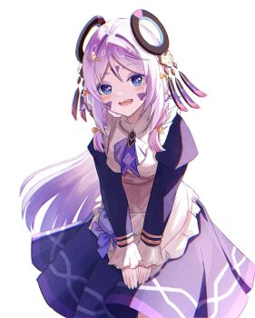 1girl alternate_costume apron blue_eyes blush bow braid citlali_(genshin_impact) commentary_request dress frilled_apron frills genshin_impact hair_between_eyes hair_bow highres leaning_forward long_hair long_sleeves looking_at_viewer maid_apron open_mouth orange_bow pink_hair puffy_long_sleeves puffy_sleeves purple_dress ring_hair_ornament simple_background smile solo twin_braids very_long_hair white_apron white_background yoi_(a27963244)