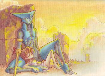 Rule 34 | 1boy, 1girl, against wall, arm blade, asagi marin, barefoot, blue skin, brigadoon, brown hair, closed eyes, cloud, colored skin, lying, medium hair, melan blue, merideth mulroney, on back, outdoors, red ribbon, ribbon, ruins, shirt, sitting, sky, sleeping, sunset, weapon, white shirt, yellow sky