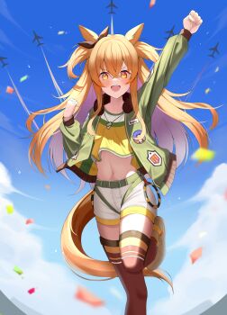 1girl :d absurdres aircraft airplane animal_ears arm_up belt blue_sky blush bomber_jacket bow brown_ribbon brown_thighhighs clenched_hands cloud collarbone commentary_request confetti crop_top crossed_bangs day dog_tags ear_ribbon flat_chest green_belt green_jacket hair_between_eyes highres horse_ears horse_girl horse_tail jacket long_hair long_sleeves looking_at_viewer lorian_(ahrs3558) mayano_top_gun_(scramble_zone)_(umamusume) mayano_top_gun_(umamusume) midriff navel open_clothes open_jacket open_mouth orange_eyes orange_hair orange_tail revision ribbon shirt shoes short_shorts shorts sidelocks sky smile sneakers solo standing standing_on_one_leg tail teeth thighhighs two_side_up umamusume upper_teeth_only white_shorts yellow_shirt