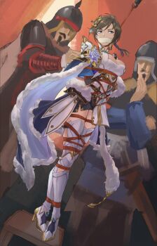 1girl 2boys absurdres armor bdsm blue_eyes bondage bound breasts brown_hair captured cloth_gag doradofin dutch_angle full_body gag gagged highres improvised_gag kidnapping multiple_boys restrained shibari shin_sangoku_musou sweat wang_yi_(shin_sangoku_musou)