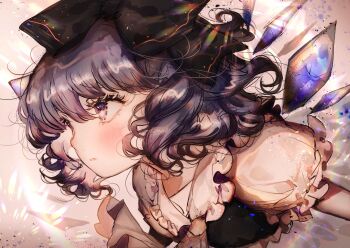 ascot black_bow blue_eyes blue_hair blush bow cirno closed_mouth cropped_shoulders detached_wings frilled_shirt_collar frilled_sleeves frills grey_ascot hair_bow ice ice_wings light_particles majamari profile puffy_short_sleeves puffy_sleeves rainbow_refraction short_sleeves touhou wings