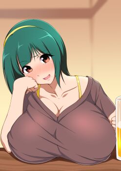 1girl absurdres alcohol beer breast_rest breasts brown_eyes camisole cleavage green_hair head_tilt headband highres huge_breasts idolmaster idolmaster_(classic) instant_loss jabara_tornado looking_at_viewer mature_female open_mouth otonashi_kotori sequential short_hair solo translation_request yellow_headwear