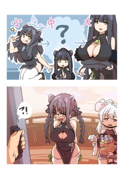 !? 1boy 2girls ? absurdres aged_down animal_ear_fluff animal_ears arms_behind_back arms_under_breasts bespectacled black_dress black_hair blue_archive blush braid breasts china_dress chinese_clothes cleavage_cutout clothing_cutout commentary_request dress extra_ears glasses green_eyes halo highres large_breasts long_hair looking_at_viewer mabufuyo mouse_ears mouse_girl multiple_girls open_mouth oppai_loli round_eyewear saya_(blue_archive) saya_(casual)_(blue_archive) short_sleeves shun_(blue_archive) shun_(small)_(blue_archive) smile thighhighs tiger_ears tiger_girl translation_request twin_braids twintails v white_thighhighs