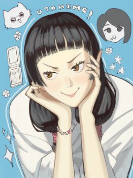 Rule 34 | 1boy, 2girls, :3, aged down, animalization, black hair, blue background, blunt bangs, brown eyes, cat, cellphone, character name, cigarette, flip phone, flower, friendship bracelet, gojou satoru, hair tubes, hands on own chin, hands up, head on hands, head rest, highres, ieiri shoko, iori utahime, japanese clothes, jujutsu kaisen, kimono, long hair, miko, multiple girls, phone, pink lips, round eyewear, short hair, smile, solo, star (symbol), sunglasses, upper body, v-shaped eyebrows, white kimono, xyanaid