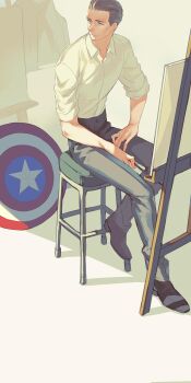 Rule 34 | 1boy, ambulance00, black pants, blue eyes, brown hair, brown shoes, buttons, canvas (object), captain america's shield, captain america (series), chair, closed mouth, collared shirt, commentary request, easel, full body, highres, holding, holding paintbrush, korean commentary, looking to the side, male focus, marvel, on chair, paintbrush, pants, shadow, shield, shirt, shoes, short hair, simple background, sitting, sleeves rolled up, smile, solo, star (symbol), steve rogers, white background, white shirt