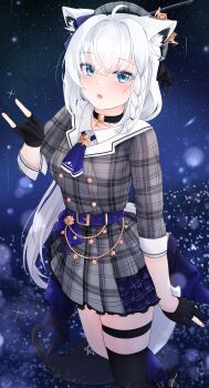 1girl absurdres ahoge animal_ear_fluff animal_ears beret black_gloves black_thighhighs blue_choker blue_eyes blue_nails blush breasts choker collared_shirt commentary cosplay english_commentary fingernails fox_ears fox_girl fox_tail gloves grey_hat grey_jacket hair_between_eyes hat highres hololive hoshimachi_suisei hoshimachi_suisei_(1st_costume) hoshimachi_suisei_(cosplay) jacket jewelry long_sleeves looking_at_viewer medium_breasts nail_polish night open_mouth partially_fingerless_gloves pentagram plaid_clothes plaid_hat plaid_jacket shirakami_fubuki shirt sky solo st-147 star_(sky) star_(symbol) star_choker starry_sky tail thigh_strap thighhighs virtual_youtuber white_hair white_shirt