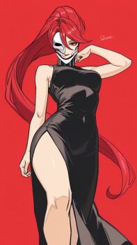 1girl acrobatic_silky_(dandadan) asymmetrical_mask bare_shoulders black_dress bow breasts cowboy_shot dandadan divadiva548447 dress dual_persona feet_out_of_frame hair_between_eyes hand_on_own_neck long_dress long_hair medium_breasts ponytail red_bow red_eyes red_hair shiratori_aira_(dandadan) side_slit signature smile solo standing thighs transformation turtleneck turtleneck_dress