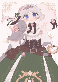 Rule 34 | 1girl, absurdres, alternate costume, belt, belt pouch, black bow, black bowtie, blue eyes, bow, bowtie, brooch, brown belt, commentary, green skirt, grey hair, highres, jewelry, konpaku youmu, long sleeves, looking at viewer, open mouth, pouch, sakurasaka, shirt, skirt, solo, touhou, untranslatable commentary, white shirt