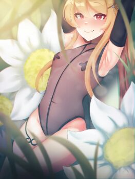 1girl absurdres against_tree armpits arms_up black_gloves blonde_hair blurry breasts depth_of_field elbow_gloves fairy fairy_wings flower gloves grass groin hair_between_eyes hair_ornament halterneck highres jewelry leaning_on_object leotard long_hair looking_at_viewer navel necklace neroshi nijisanji nijisanji_en pasties pomu_rainpuff red_eyes see-through_clothes small_breasts smile solo sweat thighlet tree virtual_youtuber wings