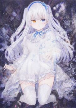1girl blush bow breasts colored_pencil_(medium) darkkanan deaf disability dress graphite_(medium) hair_bow hairband hearing_aid heterochromia highres lolita_fashion long_hair looking_at_viewer medium_breasts no_panties original painting_(medium) see-through_clothes shoes solo thighhighs thighs traditional_media twintails watercolor_(medium) white_dress white_hair white_thighhighs