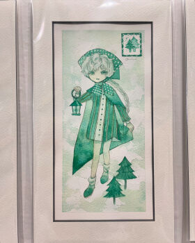 1girl acrylic_paint_(medium) ankle_socks border cape commentary_request dress fir_tree full_body gingham_headscarf headscarf highres holding holding_lantern karintoun lantern long_braid long_sleeves looking_at_viewer monochrome open_mouth original painting_(medium) pale_skin photo_(medium) picture_frame scarf shoes signature simple_background smile socks solo striped_clothes striped_dress traditional_media tree vertical-striped_clothes watercolor_(medium) white_border