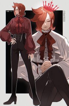 1boy black_background black_pants border closed_eyes closed_mouth commentary_request crown frilled_shirt frills full_body hair_over_one_eye hand_on_own_hip high_heels highres interlocked_fingers male_focus multiple_views one_piece pants red_hair red_shirt shirt swi1533 twitter_username vinsmoke_ichiji white_border
