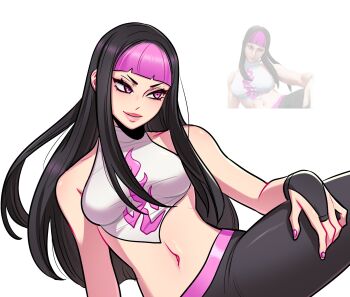 1girl bare_shoulders black_gloves black_hair black_pants breasts commentary derivative_work fingerless_gloves game_screenshot_inset gloves hair_down han_juri hand_on_own_leg hashtag-only_commentary highres large_breasts long_hair medium_breasts multicolored_hair navel pants pink_eyes pink_hair screenshot_redraw smile solo street_fighter street_fighter_v terokich two-tone_hair