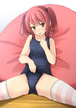 1girl bean_bag_chair blue_one-piece_swimsuit brown_eyes commentary_request commission cowboy_shot finger_to_mouth flat_chest old_school_swimsuit one-piece_swimsuit original red_hair school_swimsuit school_swimsuit_flap shibacha sitting skeb_commission solo spread_legs striped_clothes striped_thighhighs swimsuit thighhighs twintails