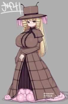 1girl blonde_hair breasts brown_capelet brown_dress brown_eyes brown_hat capelet commentary_request dress dripping english_text grey_background hat highres huge_breasts light_blush long_dress long_hair long_sleeves looking_at_viewer melk_(mon-musu_quest!) membrane mon-musu_quest! monster_girl mucus pink_veil sawati signature simple_background slug_girl solo twitter_username veil watermark