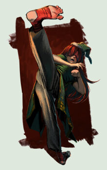 Rule 34 | 1girl, chinese clothes, commentary, dress, drooling, green dress, high kick, highres, hong meiling, kicking, leg wrap, long hair, mouth drool, open mouth, pants, pelvic curtain, red hair, sendai (nazonomono), sleep mask, sleeping, solo, touhou, white pants