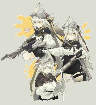 Rule 34 | ..., 1girl, absurdres, arknights, black cape, black shorts, blush, cape, capelet, closed eyes, closed mouth, commentary, cropped legs, fartooth (arknights), feather hair, gauntlets, gloves, grey background, grey hair, gun, hair between eyes, high-waist shorts, highres, holding, holding gun, holding sword, holding weapon, knife, long hair, long sleeves, looking at viewer, multiple views, notice lines, odmised, puffy long sleeves, puffy sleeves, rifle, shirt, shorts, simple background, spoken ellipsis, sword, thigh strap, very long hair, visor (armor), weapon, white shirt, yellow eyes