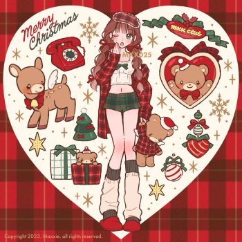 1girl blush bow box braid brown_hair camisole christmas christmas_ornaments commentary copyright_notice deer english_commentary english_text full_body gift gift_box green_bow green_eyes green_shorts hair_ribbon heart holding holding_stuffed_toy leg_warmers long_hair looking_at_viewer loose_socks low_twin_braids merry_christmas midriff mxx025 navel one_eye_closed open_clothes open_shirt original pajamas phone plaid_clothes plaid_shirt plaid_shorts red_ribbon red_shirt red_slippers ribbon shirt shorts sleep_mask slippers snowflakes socks solo sparkle standing stuffed_animal stuffed_toy teddy_bear twin_braids white_camisole white_leg_warmers yawning