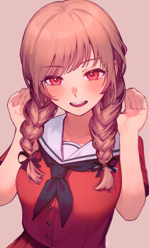 1girl alternate_costume alternate_hairstyle black_ribbon braid brown_background brown_hair cellphone furen_e_lustario hair_ribbon highres iphone looking_at_viewer medium_hair nijisanji phone red_eyes red_shirt ribbon sailor_collar school_uniform shirt smartphone solo twin_braids ubo_(ubo_tales) virtual_youtuber white_sailor_collar