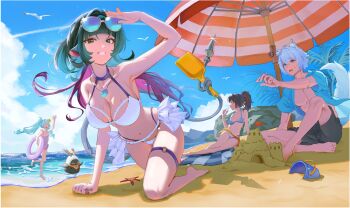1boy 1other 3girls absurdres android animal_ears barefoot beach bikini bird black_shorts blue_bikini blue_shirt blue_sky breasts bucket cat_boy cat_ears cat_tail closed_eyes cloud eous_(zenless_zone_zero) eyewear_on_head green_hair hand_on_own_head highres jane_doe_(zenless_zone_zero) long_tail looking_at_another looking_at_viewer mouse_ears mouse_girl mouse_tail multicolored_hair multiple_girls ocean one-piece_swimsuit open_mouth pink_one-piece_swimsuit ponytail qingyi_(zenless_zone_zero) red_hair red_nails red_streaks sand sand_castle sand_sculpture seagull seth_lowell sharp_tail shirt shorts shovel sky streaked_hair sunglasses sweatdrop swimsuit tail thigh_strap twintails umbrella user_wevk4487 water white_bikini zenless_zone_zero zhu_yuan