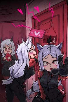 3girls cerberus_(helltaker) door heart helltaker helltaker_(character) highres iver_(reviolet) modeus_(helltaker) multiple_girls shared_sense solo uncommon_stimulation