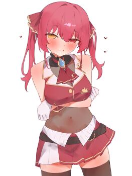 1girl absurdres arms_under_breasts ascot black_choker black_thighhighs blush breasts choker cleavage commentary_request covered_navel cropped_jacket frilled_choker frills gloves hair_ribbon heterochromia highres hololive houshou_marine houshou_marine_(1st_costume) jacket large_breasts leotard leotard_under_clothes long_hair looking_at_viewer navel red_ascot red_eyes red_jacket red_ribbon ribbon sleeveless sleeveless_jacket solo tepenchi thighhighs twintails virtual_youtuber white_gloves yellow_eyes