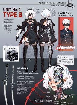 2b_(nier:automata) 9s_(nier:automata) blue_eyes elias_(elusivelisa_) english_text highres nier:automata nier_(series) reference_sheet virtuous_contract virtuous_treaty weapon white_hair
