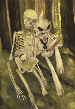 1other arm_blade artist_name black_sclera black_skin blue_hair bone closed_eyes colored_sclera colored_skin crack full_body grass green_hair highres humanoid_robot iron_valiant knee_up medium_hair mohawk moss multicolored_hair multicolored_skin nintendo no_mouth other_focus outdoors pokemon pokemon_(creature) red_eyes red_hair robot rust sitting skeleton skull solo tree twintails twitter_username two-tone_skin u_u watermark weapon white_skin yuhata_(yuh4t4)