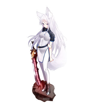 1girl absurdres animal_ear_fluff animal_ears arm_behind_back belt blue_eyes covered_navel full_body high_heels highres holding_own_arm jewelry long_hair maguro27 necklace original pants planted planted_sword planted_weapon solo standing sword tail variant_set very_long_hair weapon white_background white_hair white_pants