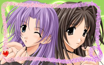 blowing_kiss blush brown_hair green_background highres long_hair looking_at_viewer memories_off memories_off_1 memories_off_2nd musical_note non-web_source official_art one_eye_closed open_mouth purple_hair shirakawa_shizuru smile