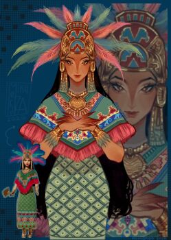 1girl barbie_(franchise) black_hair bracelet brown_eyes commentary dark-skinned_female dark_skin doll dress english_commentary feathers glowing_pupils gold_bracelet gold_helmet gold_necklace green_dress hands_up hat_feather highres jewelry long_hair looking_at_viewer mexican_clothes mikuza05 narrow_waist necklace poncho red_lips very_long_hair zoom_layer