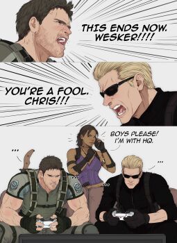 ... 1girl 2boys absurdres albert_wesker beard black_gloves black_shirt blonde_hair breasts brown_hair cellphone chris_redfield cleavage commentary controller dark-skinned_female dark_skin english_commentary english_text facial_hair finger_to_mouth fingerless_gloves game_controller gloves grey_background highres holding holding_controller holding_game_controller holding_phone index_finger_raised medium_breasts military_uniform multiple_boys muscular muscular_male navel open_mouth phone playing_games purple_shirt resident_evil resident_evil_5 sheva_alomar shirt short_hair shushing sleeveless sleeveless_shirt spoken_ellipsis sunglasses teeth yoracrab