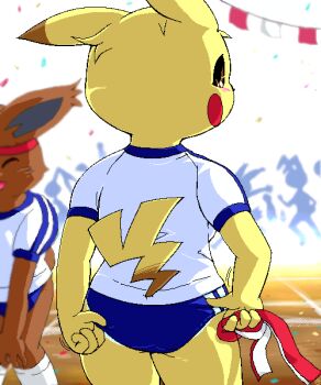 2girls 6+others adjusting_buruma adjusting_clothes animal animal_ears ass black_sclera blonde_hair blue_buruma blush brown_eyes brown_fur buruma closed_eyes colored_sclera confetti eevee fox fox_ears fox_girl fox_tail from_behind furry g-sun gen_1_pokemon gym_uniform hands_on_own_knees headband holding holding_headband kneehighs leaning_forward lightning_bolt_symbol mouse_(animal) mouse_girl multiple_girls multiple_others nintendo open_mouth panties panty_peek pikachu pikachu_ears pikachu_tail pokemon pokemon_(creature) pokemon_tail running_track shirt short_hair short_sleeves smile socks standing string_of_flags tail track_and_field underwear unworn_headband white_panties white_shirt white_socks yellow_fur