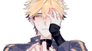 2boys absurdres black_hair black_shirt blonde_hair blue_jacket blush chinese_commentary covering_own_eyes embarrassed hand_on_own_face highres holding_hands huachajiangqwq implied_yaoi jacket long_sleeves looking_to_the_side male_focus multicolored_hair multiple_boys orange_eyes out_of_frame parted_lips pov pov_hands shiguang_dailiren shirt short_hair simple_background sleeves_past_wrists solo_focus sweatdrop turtleneck two-tone_hair upper_body white_background xia_fei zipper