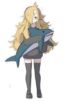 Rule 34 | 1girl, ahoge, bags under eyes, black hoodie, black shoes, black thighhighs, blonde hair, blue eyes, closed mouth, freckles, full body, hair over one eye, holding, holding stuffed toy, hood, hoodie, jitome, long hair, looking at viewer, madmex, messy hair, original, shoes, simple background, sketch, sleeves past fingers, sleeves past wrists, solo, straight-on, stuffed animal, stuffed shark, stuffed toy, summer (madmex), thighhighs, white background
