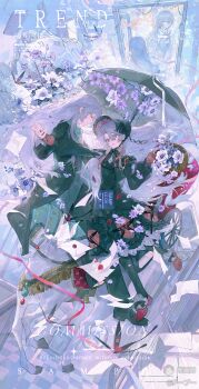 1boy 1girl :d abstract_background absurdres analog_clock anemone_(flower) aqua_coat aqua_scarf basket black_bonnet black_bow black_butterfly black_coat black_dress black_pants black_pantyhose black_ribbon black_shoes black_umbrella blue_background bonnet bow brooch brown_gloves bug butterfly cael_anselm carriage checkered_floor chinstrap clock closed_mouth coat coat_dress colored_eyelashes commission commissioner_insert daisy_(flower) door dress dress_bow eye_contact falling_flower flower footwear_bow frilled_shirt_collar frills full_body gem gloves grey_jacket hair_between_eyes hair_ribbon hand_up highres holding holding_basket holding_hands horse insect jacket jewelry letter long_hair long_sleeves looking_at_another lovebrush_chronicles medium_dress mihuashi_commission multicolored_hair multiple_views oc_x_canon open_mouth original outstretched_arm pants pantyhose paper picture_frame pink_hair pink_ribbon plant popo_bo popped_collar profile purple_eyes purple_flower red_gemstone red_shoes ribbon scarf shared_umbrella shirt shoes smile streaked_hair tress_ribbon two-sided_coat two-sided_fabric two-tone_hair umbrella umbrella_flower umbrella_ribbon very_long_hair vines white_eyelashes white_flower white_hair white_ribbon white_shirt