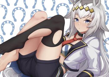 1girl absurdres animal_ears barefoot black_shorts black_thighhighs blue_eyes blush braid breasts cleavage closed_mouth collar commentary_request cropped_jacket expressionless feet gold_trim grey_hair grey_tail hair_ornament highres horse_ears horse_girl horse_tail horseshoe_background jacket kiri_kiri knees_up leaning_back legs long_hair long_sleeves looking_at_viewer medium_breasts necktie no_shoes oguri_cap_(umamusume) open_clothes open_jacket patterned_background red_necktie short_shorts shorts sidelocks single_braid skindentation solo tail thighhighs thighs toes umamusume very_long_hair white_background