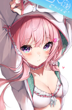 Rule 34 | 1girl, arm above head, arms up, bikini, blue eyes, blurry, blurry foreground, blush, breasts, choker, cleavage, closed mouth, collarbone, commentary request, fingernails, frilled bikini, frills, green hoodie, hair ornament, hairclip, hakui koyori, hakui koyori (summer), heart, heart hair ornament, heraraido re, hexagon print, highres, holographic interface, hololive, hood, hood up, hoodie, large breasts, long hair, long sleeves, looking at viewer, multicolored eyes, nail polish, open clothes, open hoodie, pink choker, pink hair, pink lips, pink nails, purple eyes, simple background, solo, swimsuit, two-tone eyes, two-tone hoodie, virtual youtuber, white background, white bikini, white choker, white hoodie, wing hair ornament